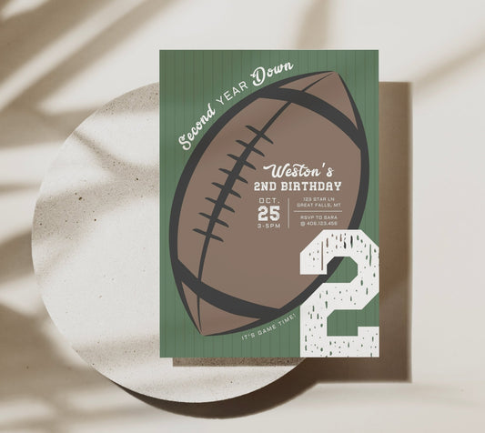 Second Year Down Football Birthday Invitation Printable - High Peaks Studios