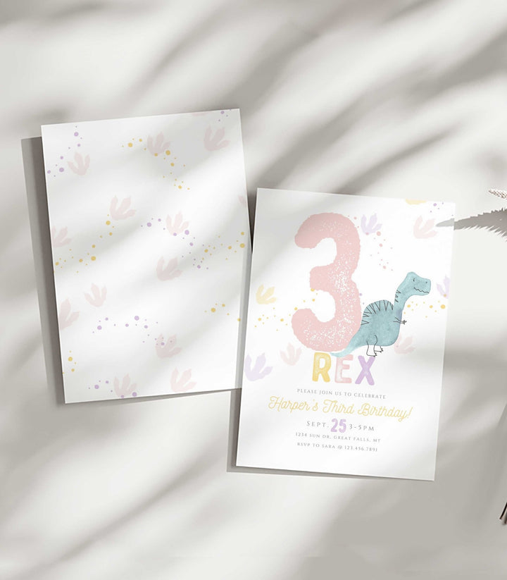 Three Rex Birthday Invitation Girl Printable - High Peaks Studios