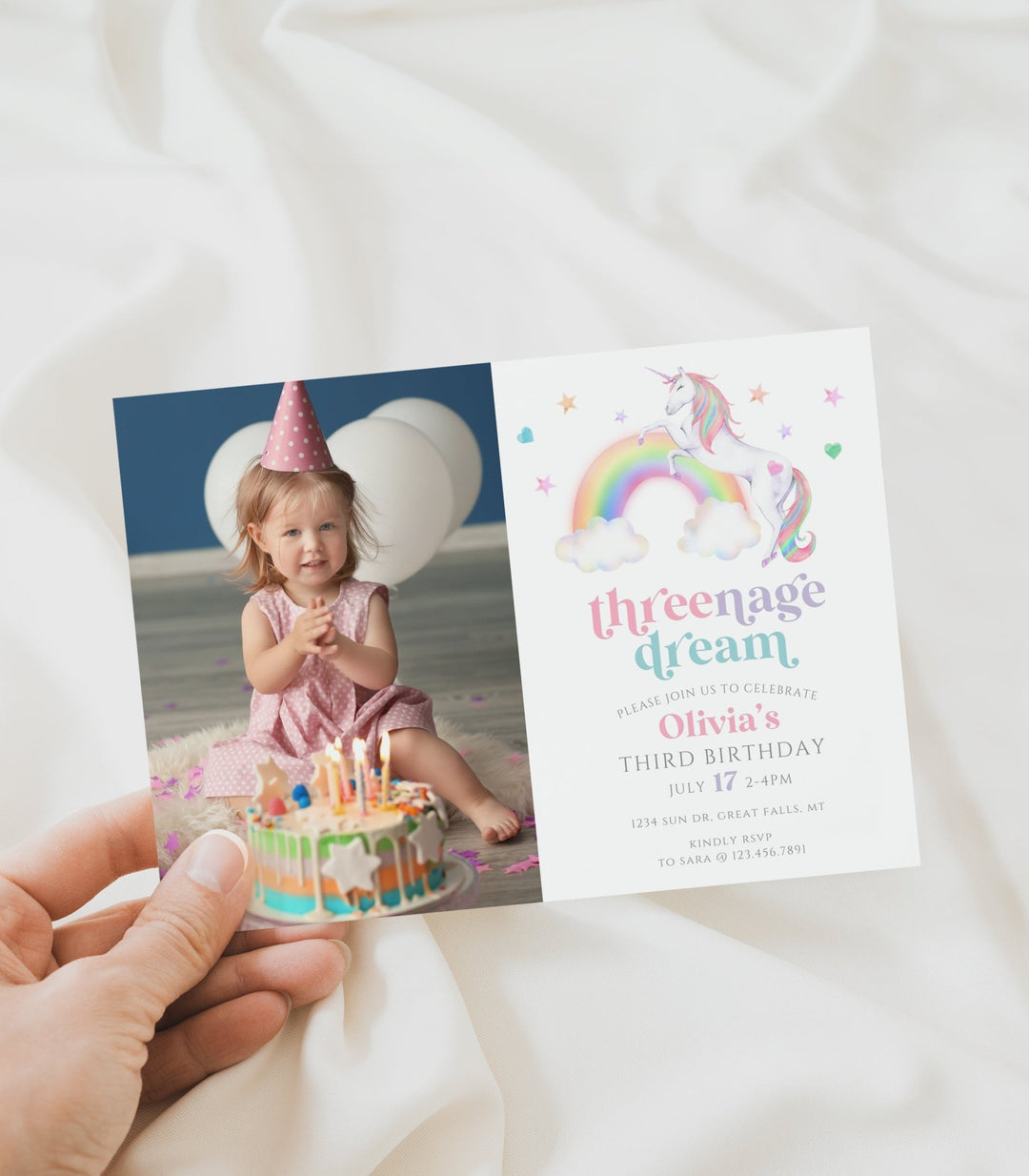 Threenage Dream Unicorn Birthday Invitation Photo Template - High Peaks Studios