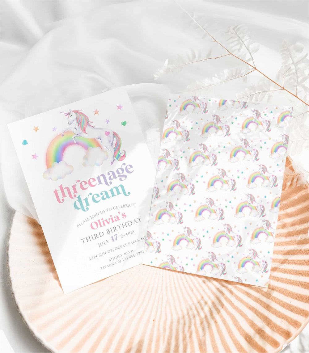 Threenage Dream Unicorn Birthday Invitation Template - High Peaks Studios
