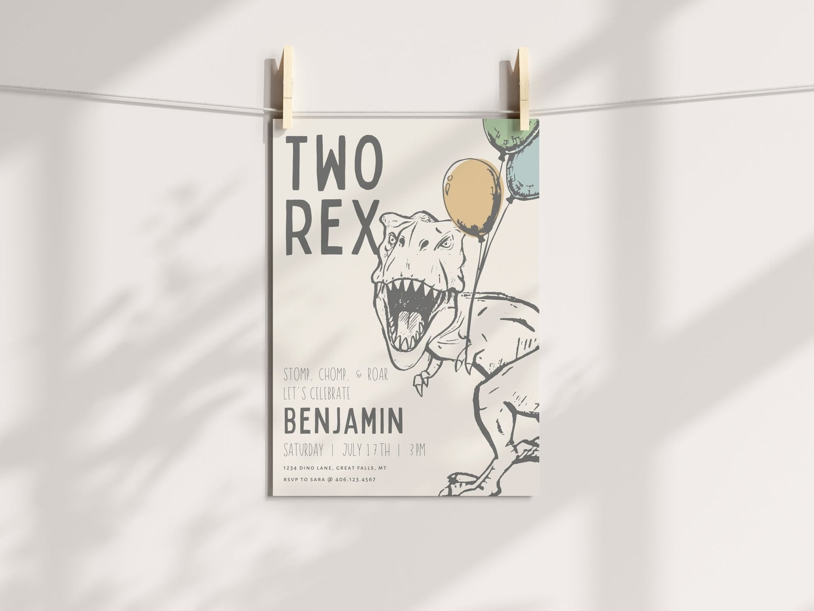 TWO Rex Dinosaur Birthday Party Invitation – High Peaks Studios LLC