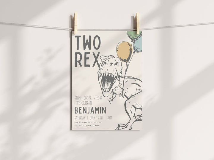 TWO Rex Dinosaur Birthday Party Invitation - High Peaks Studios