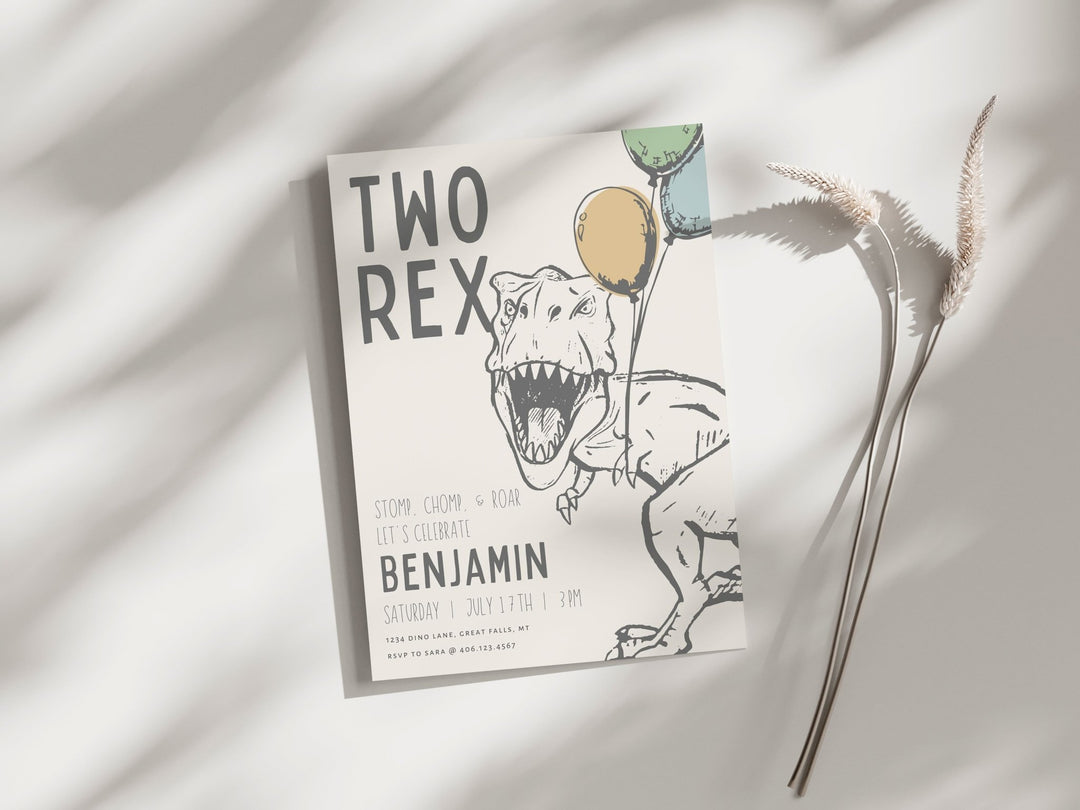 TWO Rex Dinosaur Birthday Party Invitation - High Peaks Studios